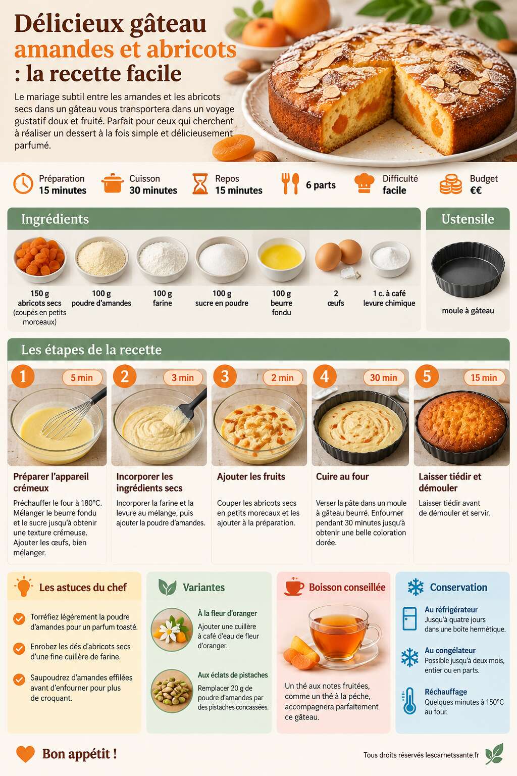 Fiche recette Délicieux gâteau amandes et abricots : la recette facile Fiche recette Délicieux gâteau amandes et abricots : la recette facile