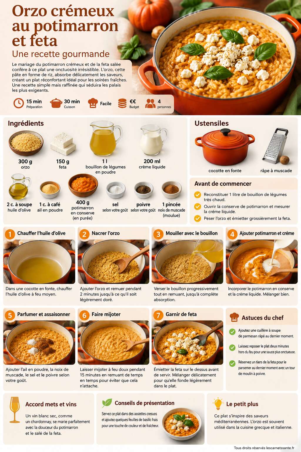 Fiche recette Orzo crémeux au potimarron et feta : une recette gourmande Fiche recette Orzo crémeux au potimarron et feta : une recette gourmande