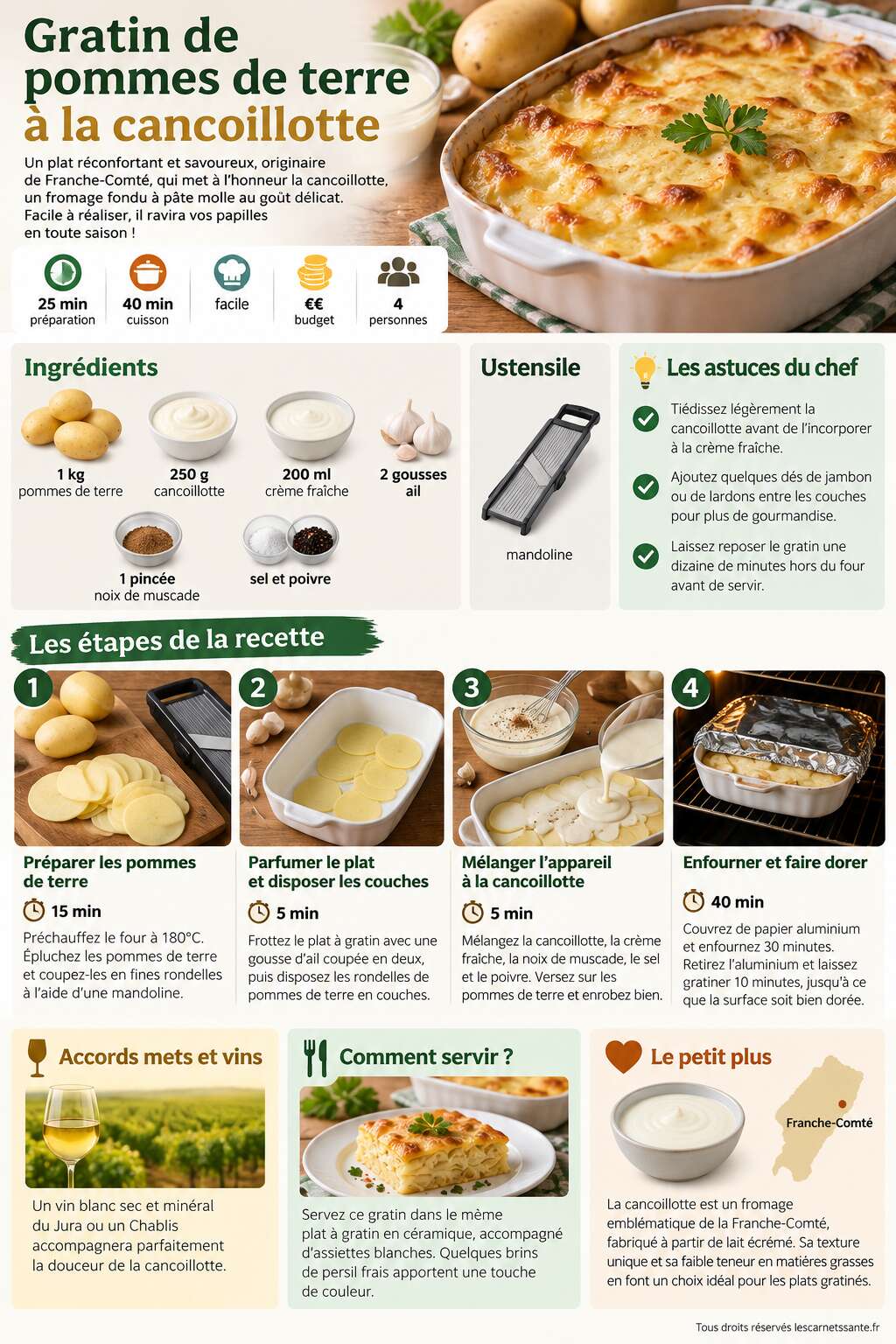 Fiche recette Recette de gratin de pommes de terre à la cancoillotte Fiche recette Recette de gratin de pommes de terre à la cancoillotte