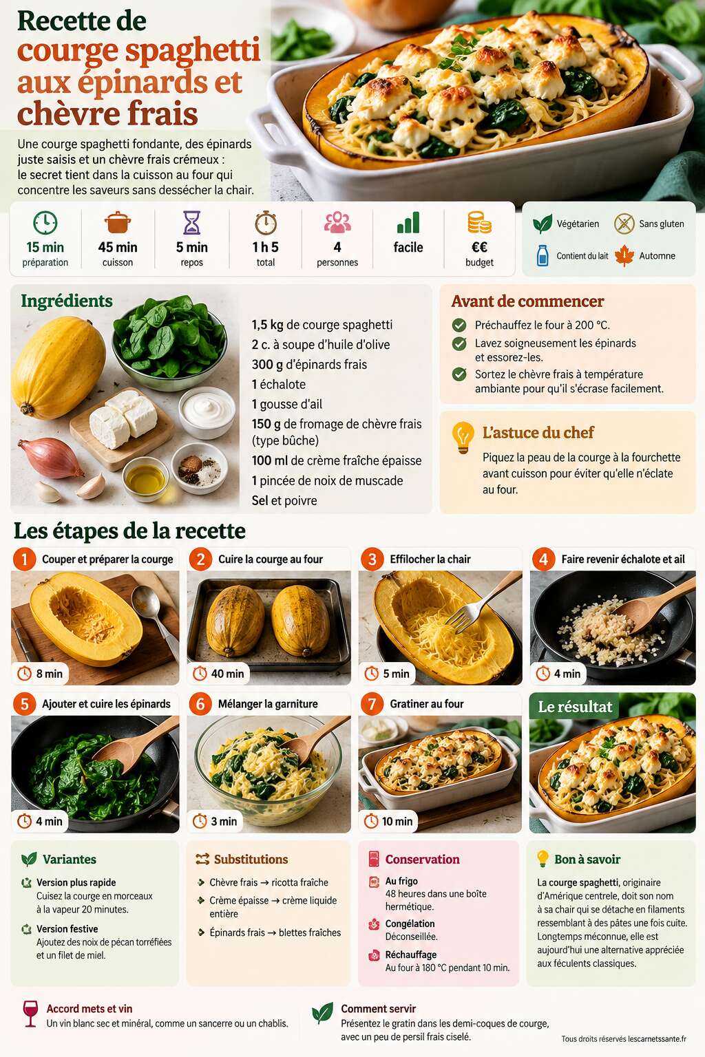 Fiche recette Recette de courge spaghetti aux &eacute;pinards et ch&egrave;vre frais