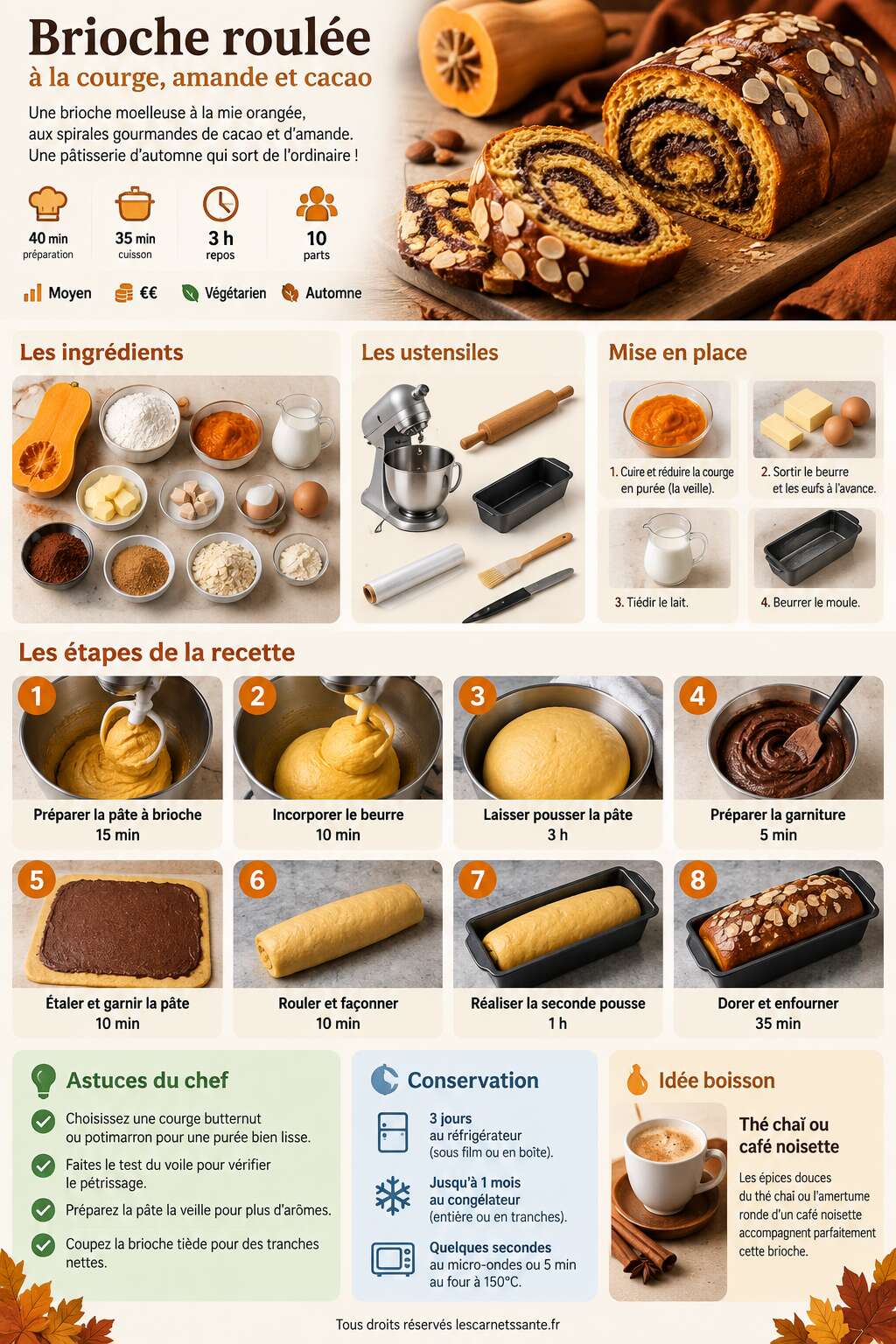 Fiche recette Recette de brioche roul&eacute;e &agrave; la courge, amande et cacao