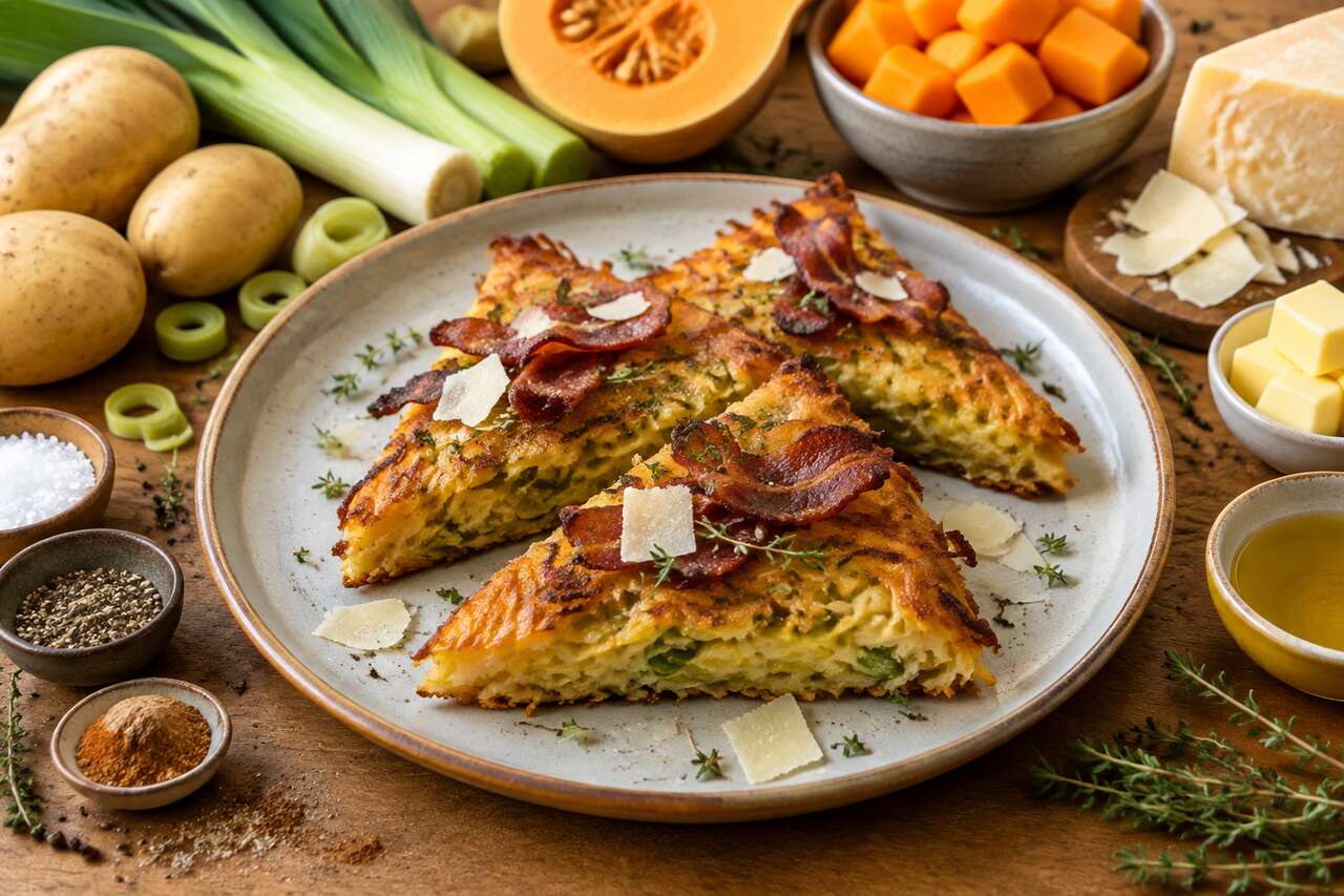 Recette de rösti au poireau, courge et parmesan