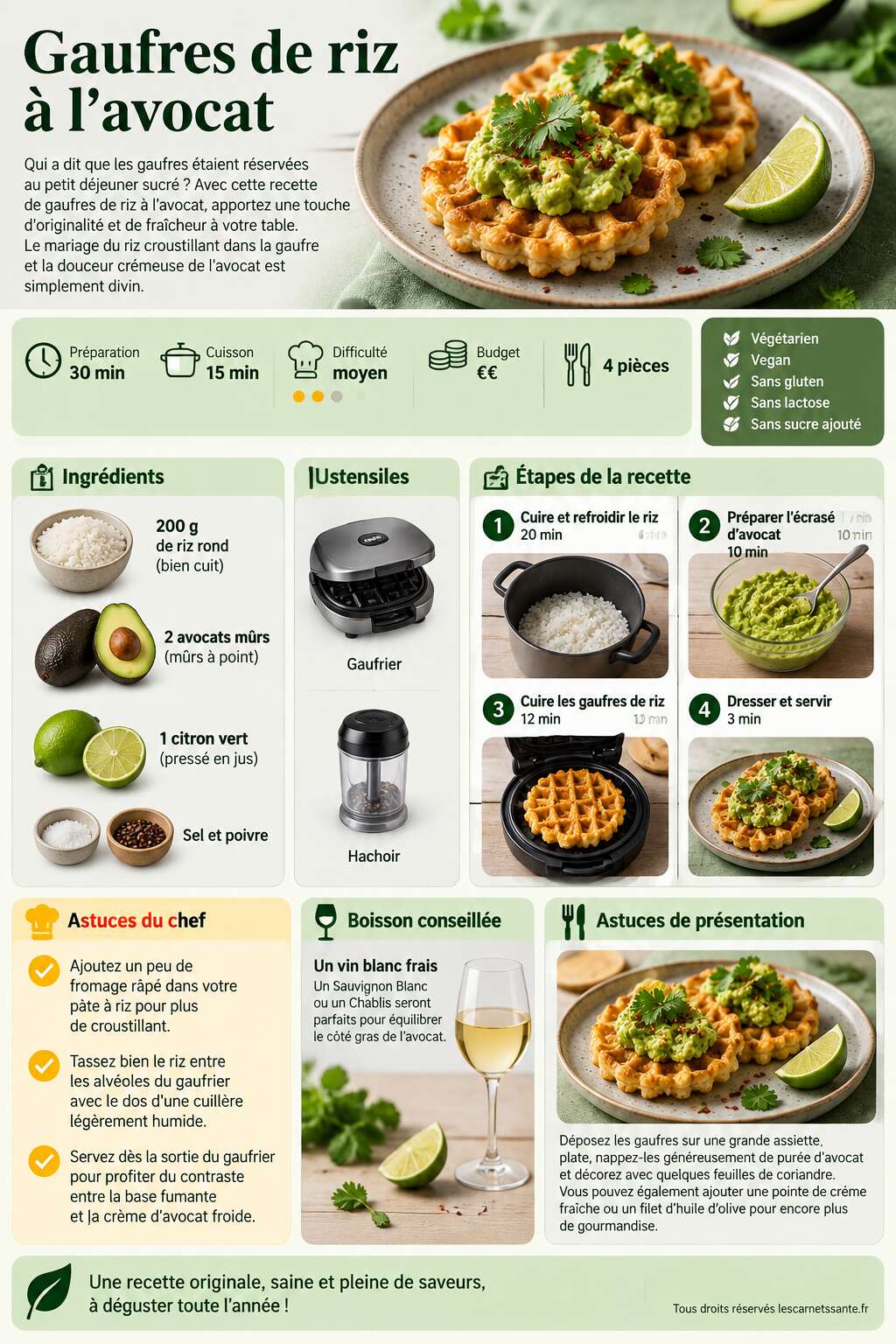 Fiche recette Recette de gaufres de riz à l'avocat Fiche recette Recette de gaufres de riz à l'avocat