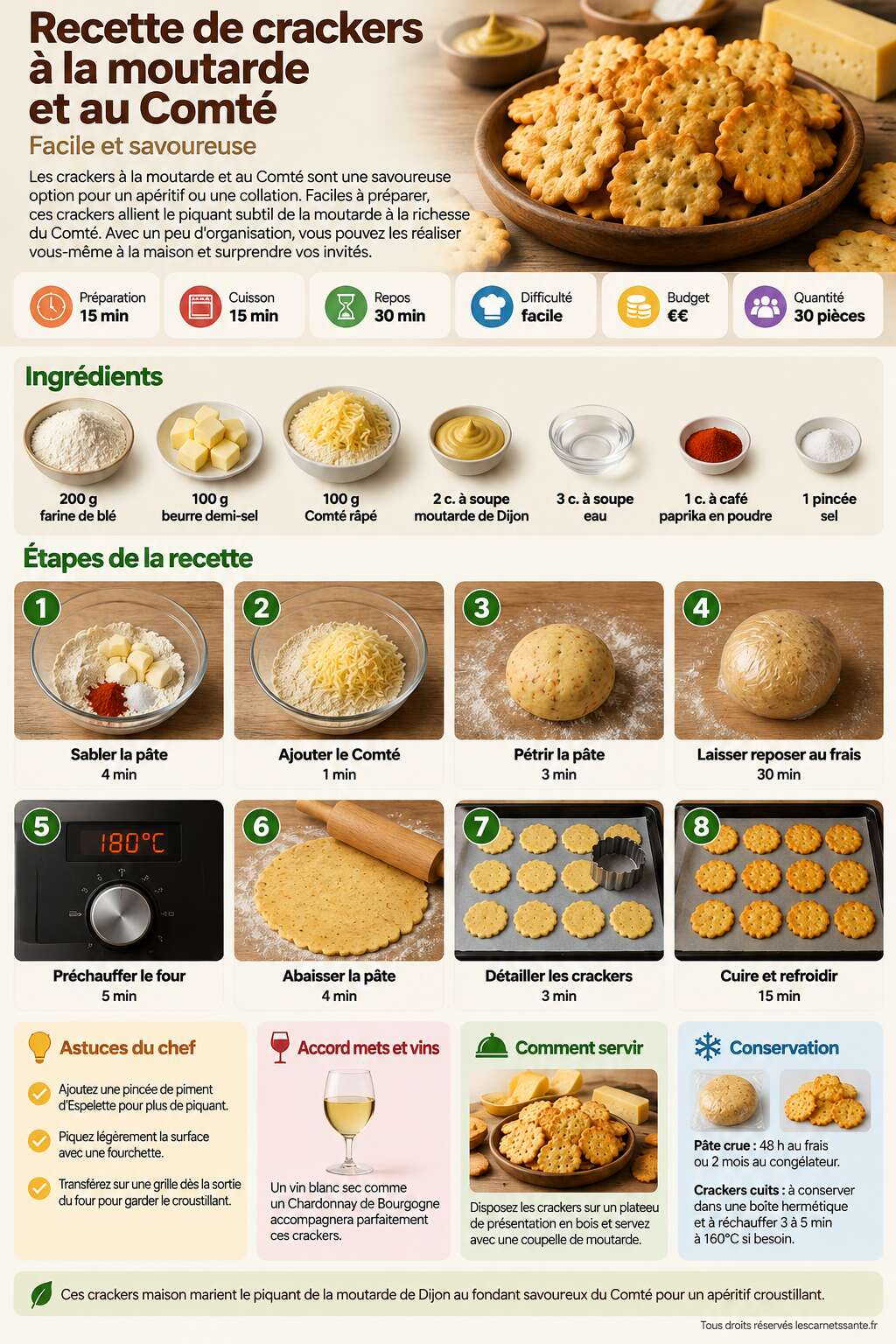Fiche recette Recette de crackers à la moutarde et au Comté : facile et savoureuse Fiche recette Recette de crackers à la moutarde et au Comté : facile et savoureuse