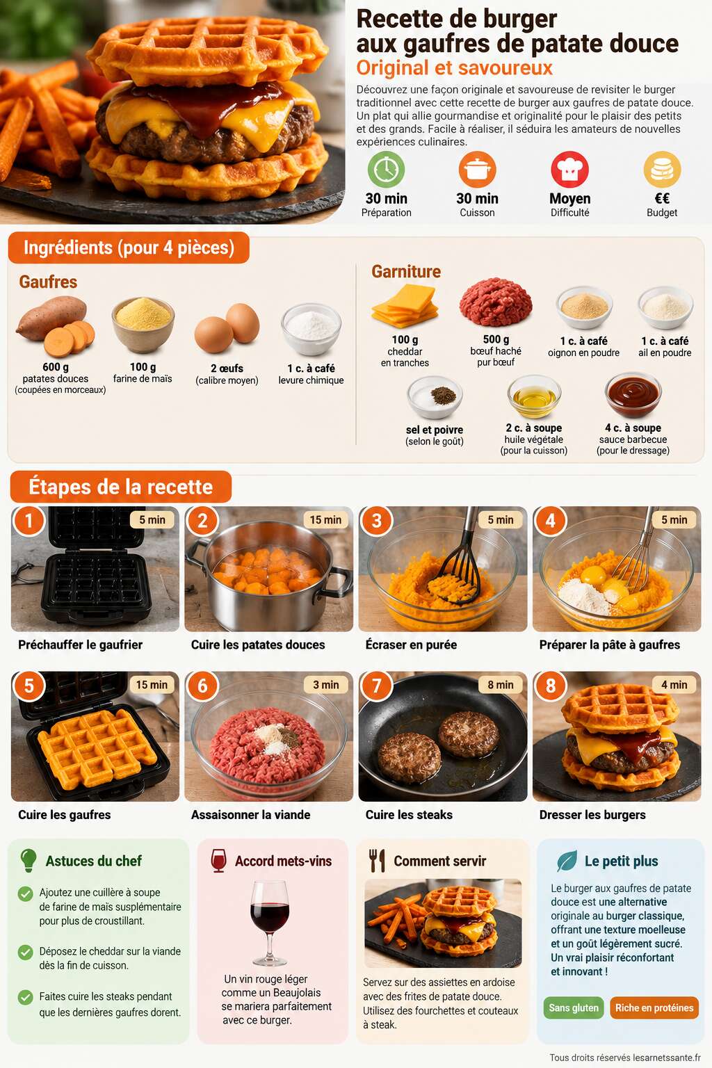 Fiche recette Recette de burger aux gaufres de patate douce : original et savoureux