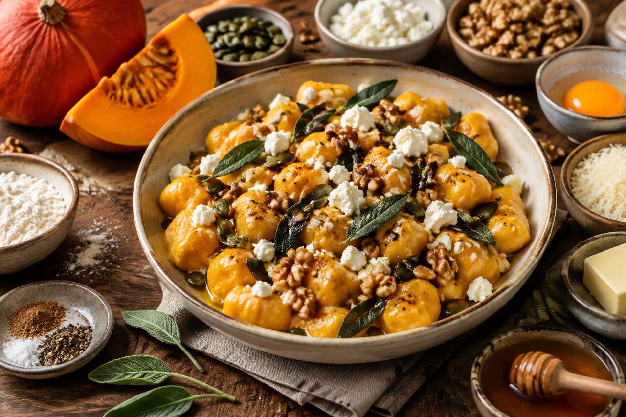 Recette de gnocchis au potiron, feta, noix et miel