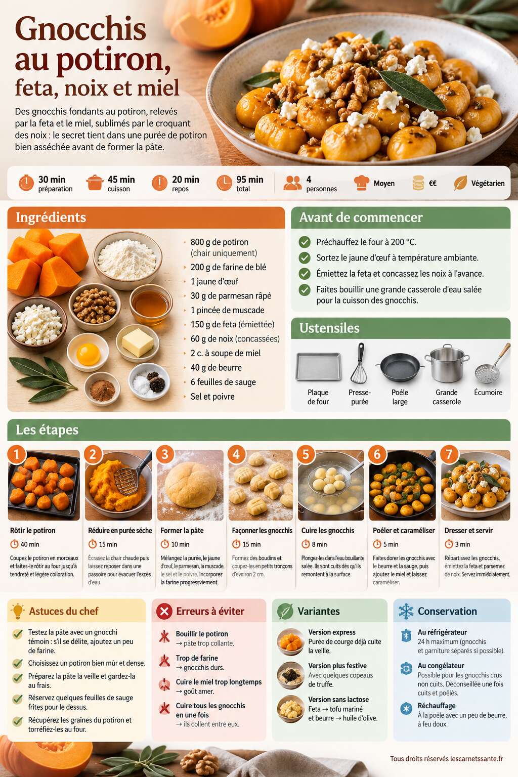 Fiche recette Recette de gnocchis au potiron, feta, noix et miel Fiche recette Recette de gnocchis au potiron, feta, noix et miel