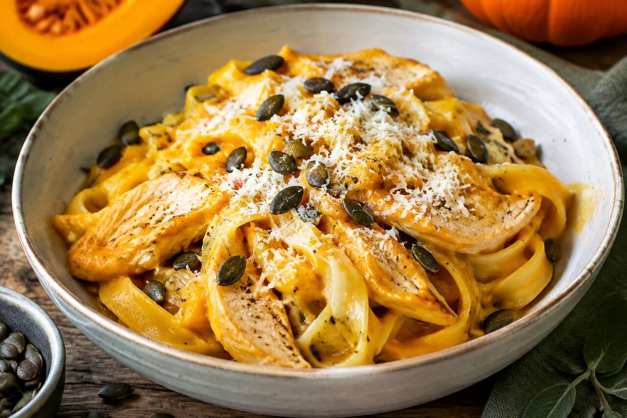 Recette de pâtes au poulet, crème de potimarron