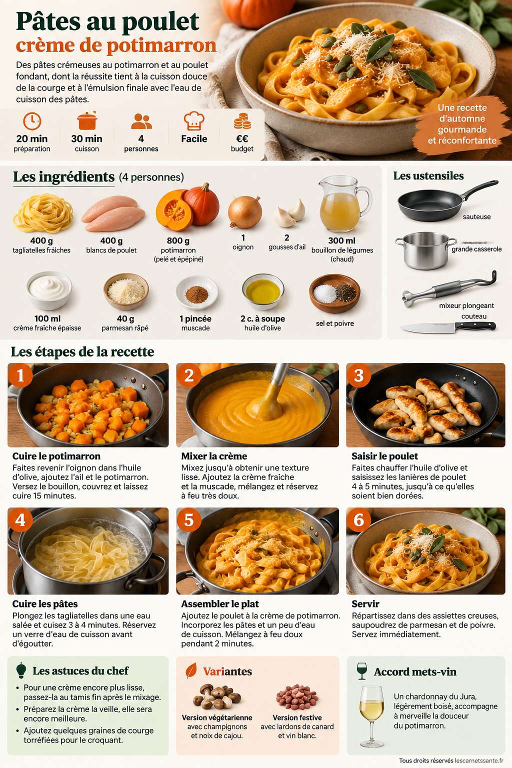 Fiche recette Recette de pâtes au poulet, crème de potimarron Fiche recette Recette de pâtes au poulet, crème de potimarron