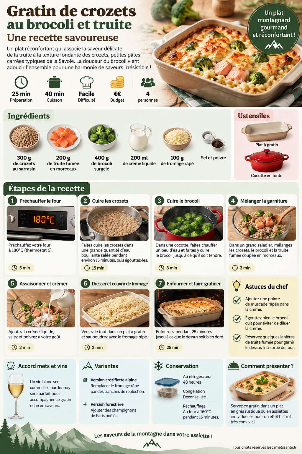 Fiche recette Gratin de crozets au brocoli et truite : une recette savoureuse Fiche recette Gratin de crozets au brocoli et truite : une recette savoureuse