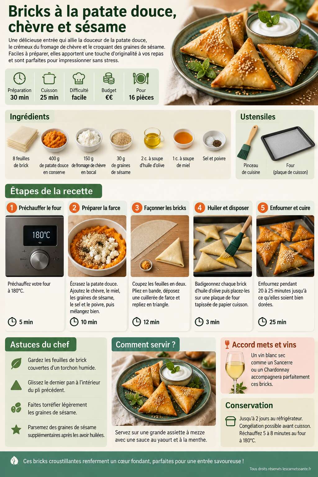Fiche recette Recette de brick à la patate douce, chèvre et sésame Fiche recette Recette de brick à la patate douce, chèvre et sésame
