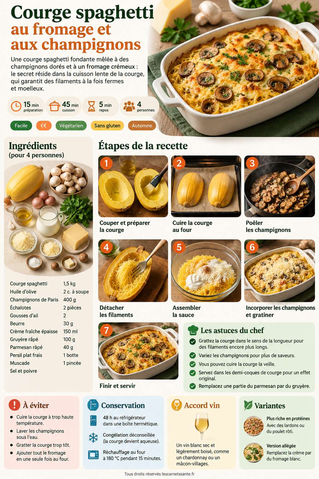 Fiche recette Recette de courge spaghetti au fromage et aux champignons Fiche recette Recette de courge spaghetti au fromage et aux champignons