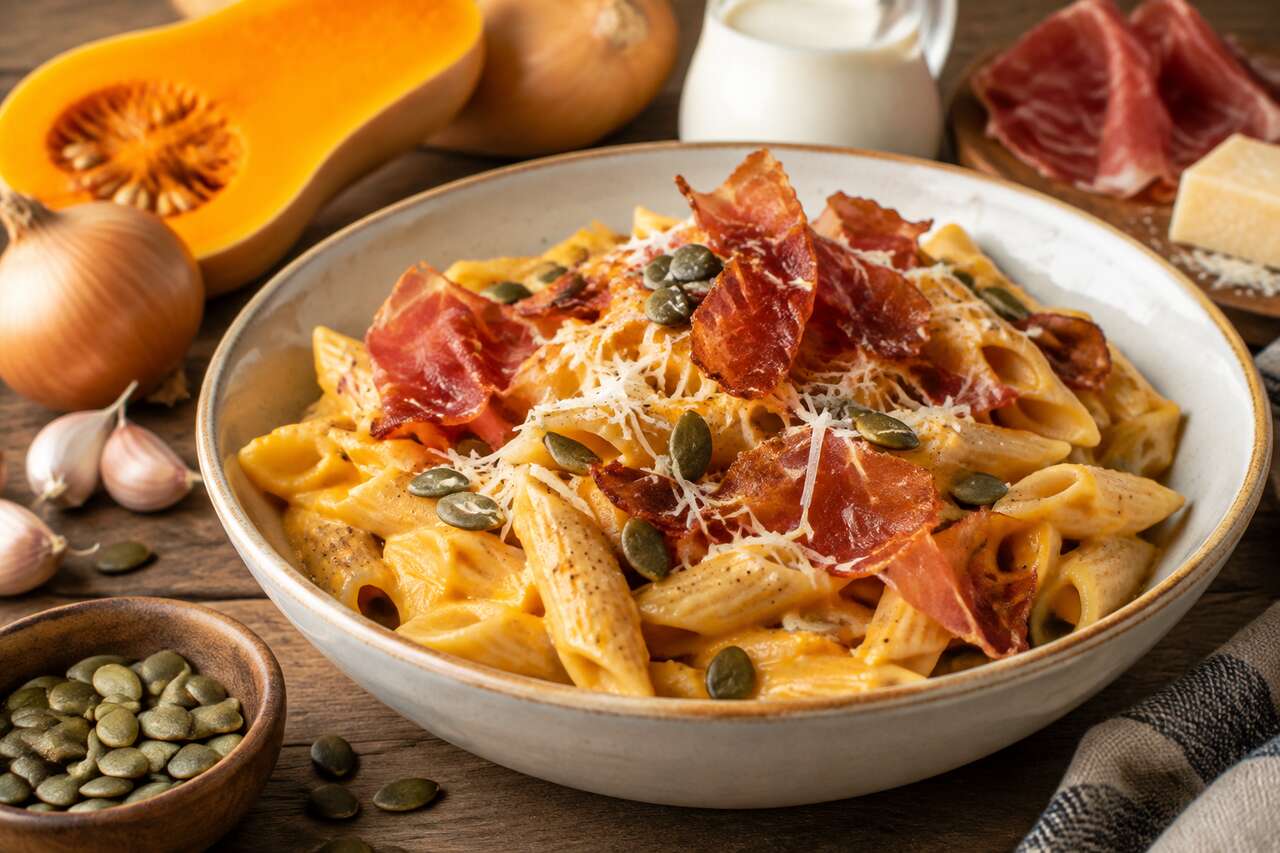 Pâtes à la crème de butternut et jambon croustillant