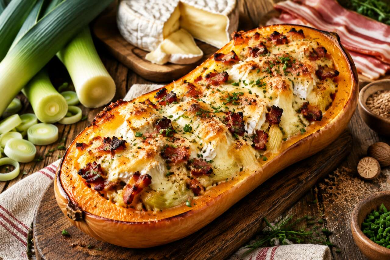 Recette de butternut farcie au fromage, poireau et lardons