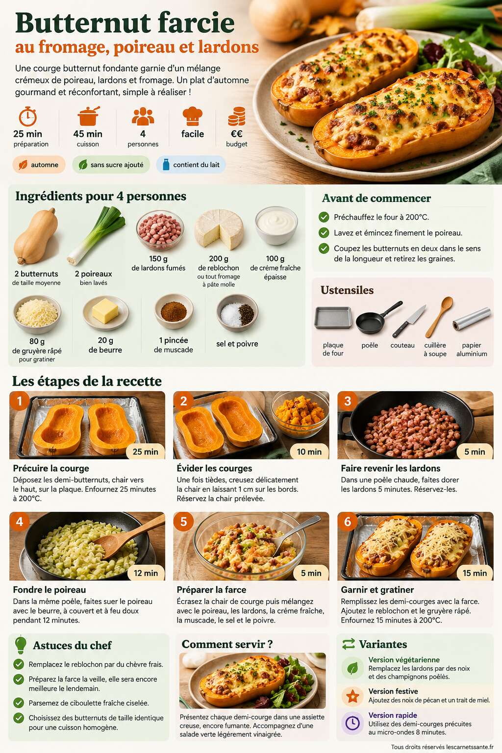 Fiche recette Recette de butternut farcie au fromage, poireau et lardons Fiche recette Recette de butternut farcie au fromage, poireau et lardons