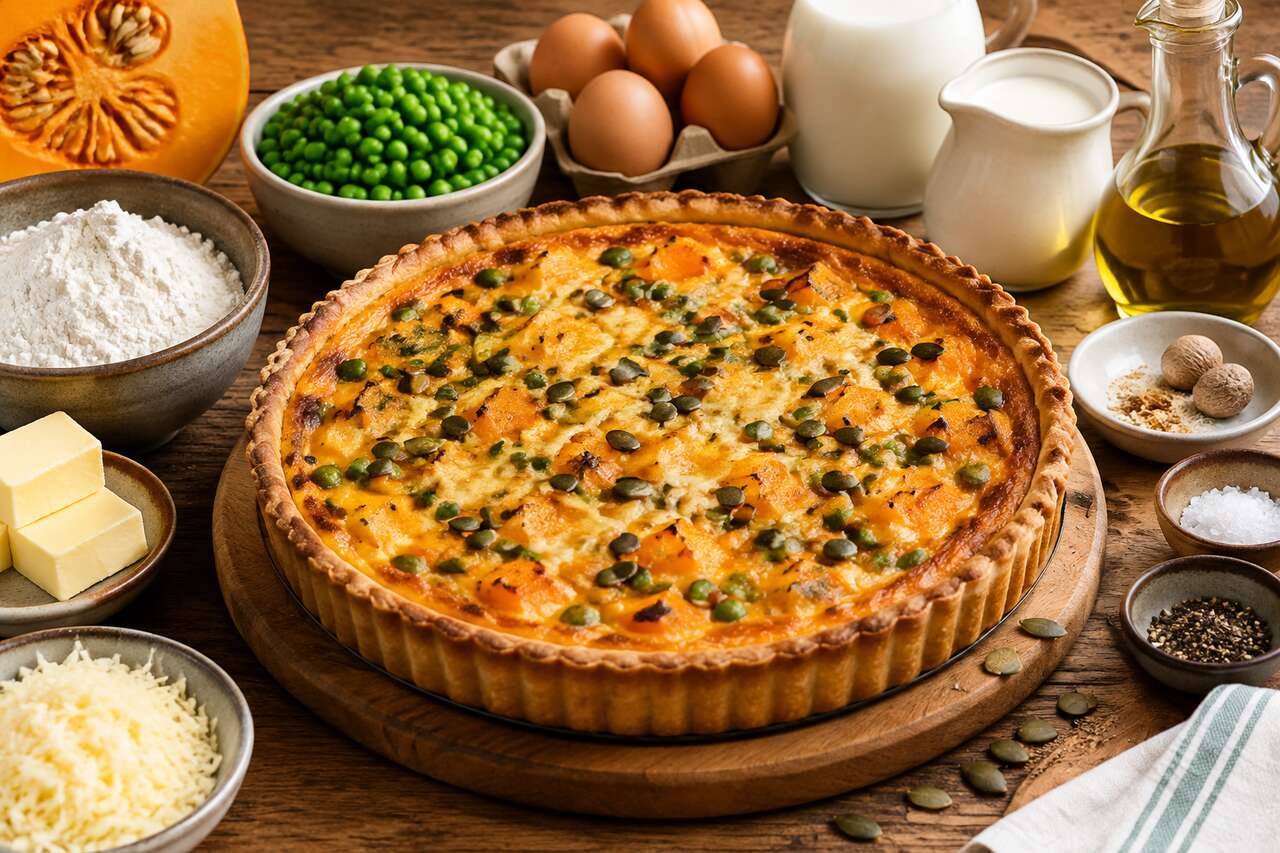 Recette de quiche au potiron et petits pois
