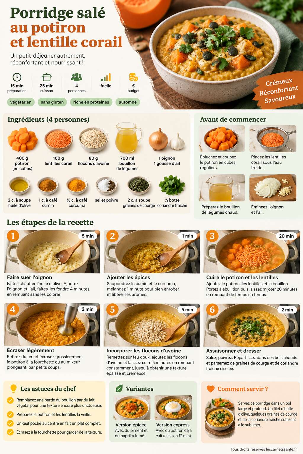Fiche recette Recette de porridge salé au potiron et lentille corail Fiche recette Recette de porridge salé au potiron et lentille corail