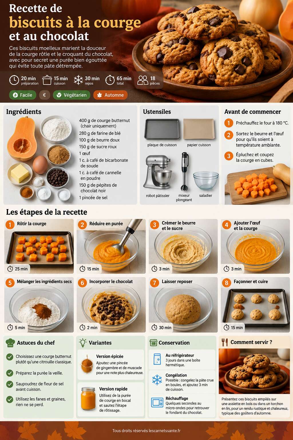 Fiche recette Recette de biscuits &agrave; la courge et au chocolat