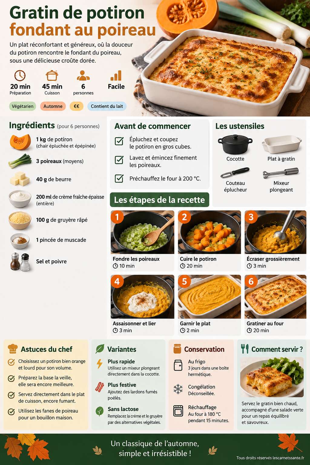 Fiche recette Recette du gratin de potiron fondant au poireau