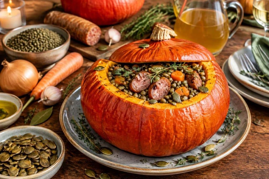 Recette de potimarron farci aux lentilles et saucisse de Montbéliard
