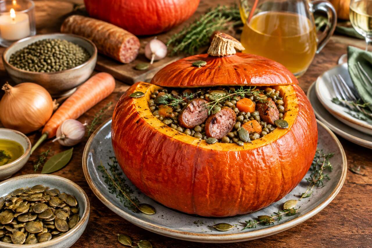 Recette de potimarron farci aux lentilles et saucisse de Montbéliard