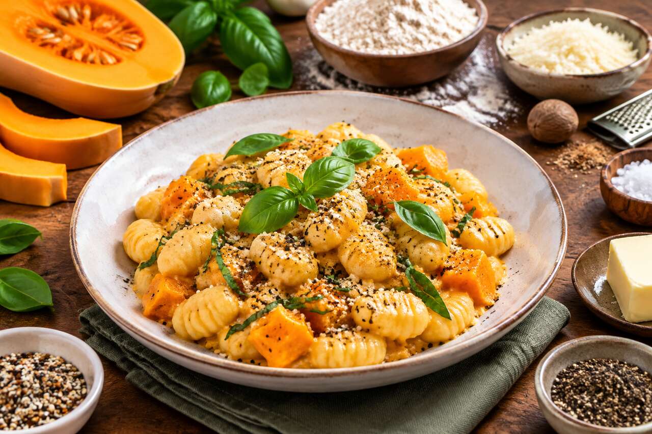 Recette de gnocchis à la courge, gomasio et basilic