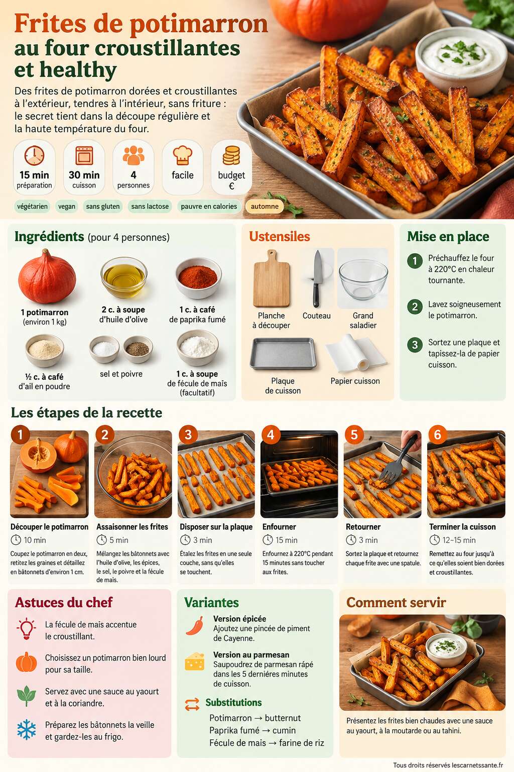 Fiche recette Recette de frites de potimarron au four croustillantes et healthy Fiche recette Recette de frites de potimarron au four croustillantes et healthy