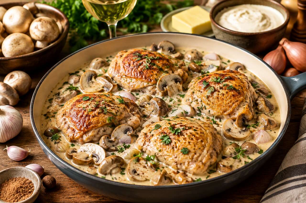 Recette de poulet à la crème et aux champignons