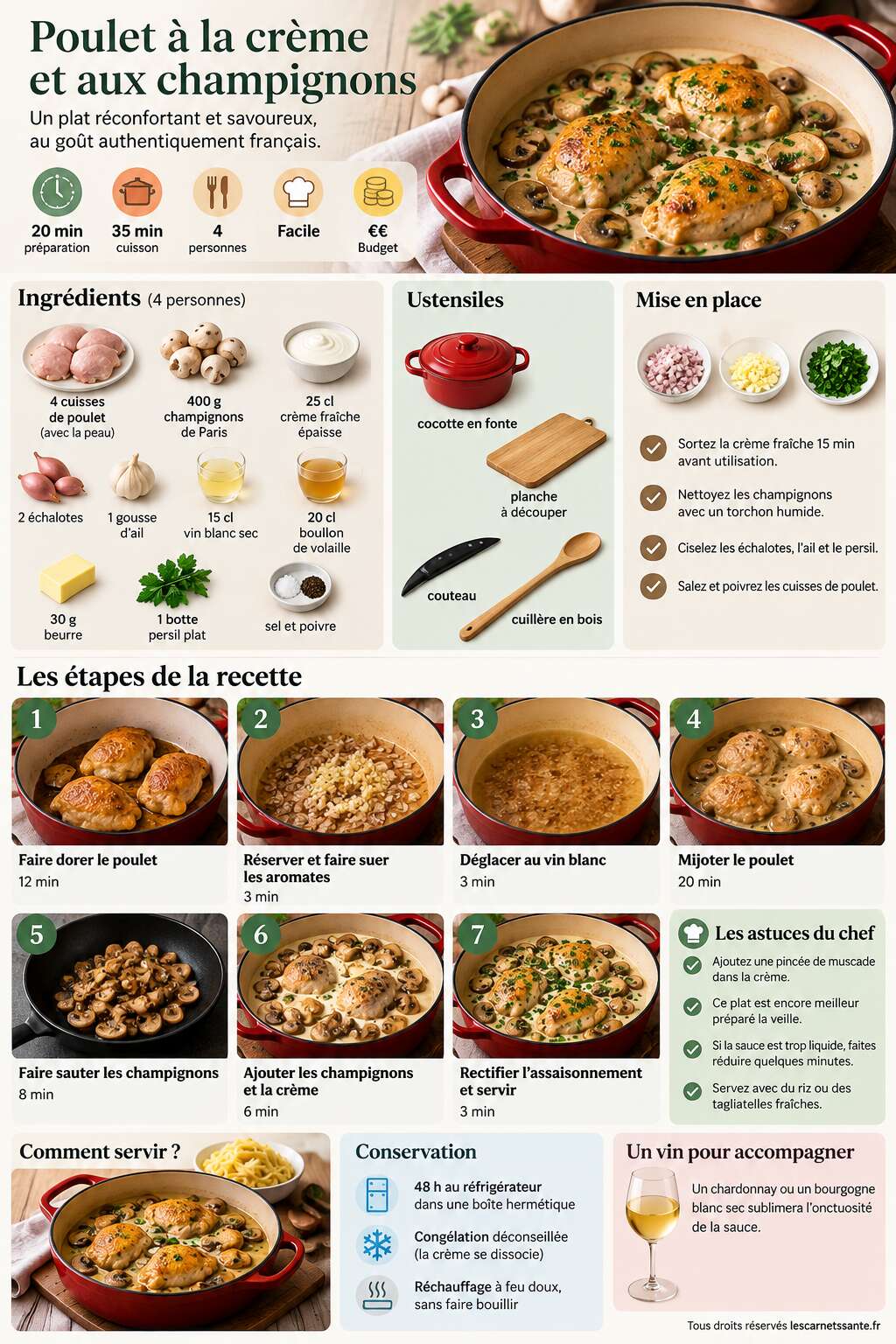 Fiche recette Recette de poulet à la crème et aux champignons Fiche recette Recette de poulet à la crème et aux champignons