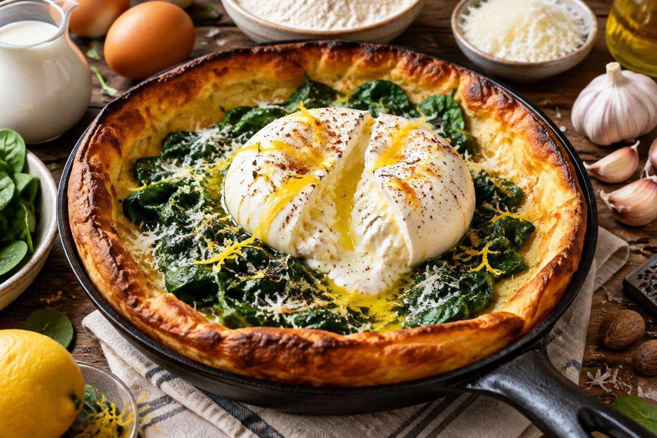Recette du dutch baby pancake aux épinards et burrata