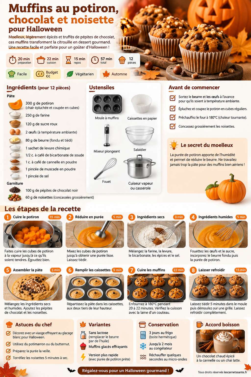 Fiche recette Recette de muffins au potiron, chocolat et noisette pour Halloween Fiche recette Recette de muffins au potiron, chocolat et noisette pour Halloween
