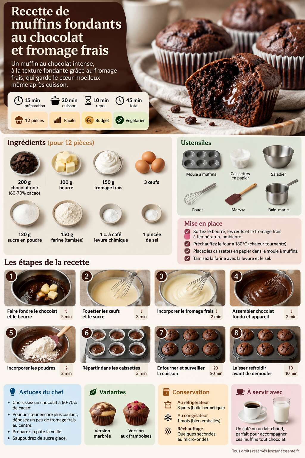 Fiche recette Recette de muffins fondants au chocolat et fromage frais