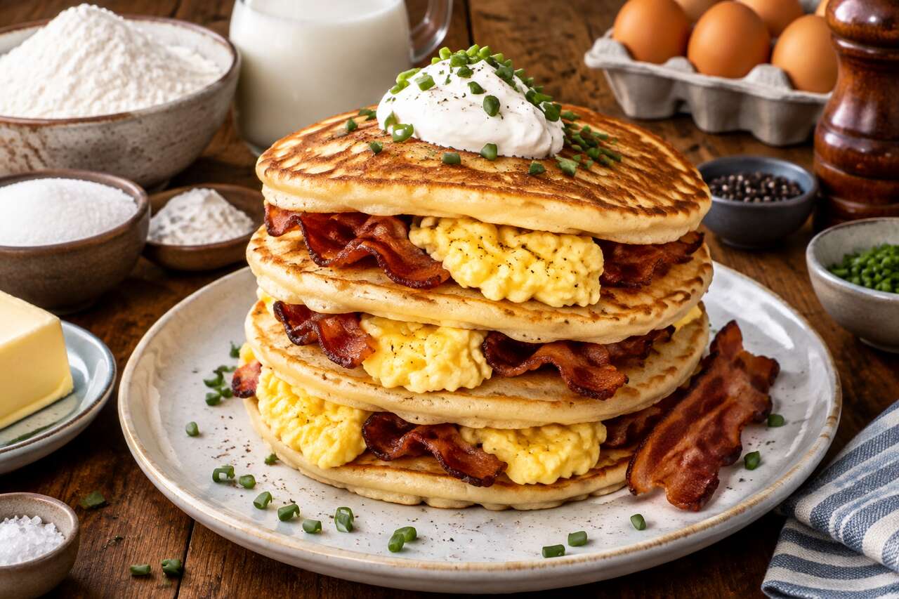 Recette de pancake fourré au bacon et aux œufs brouillés