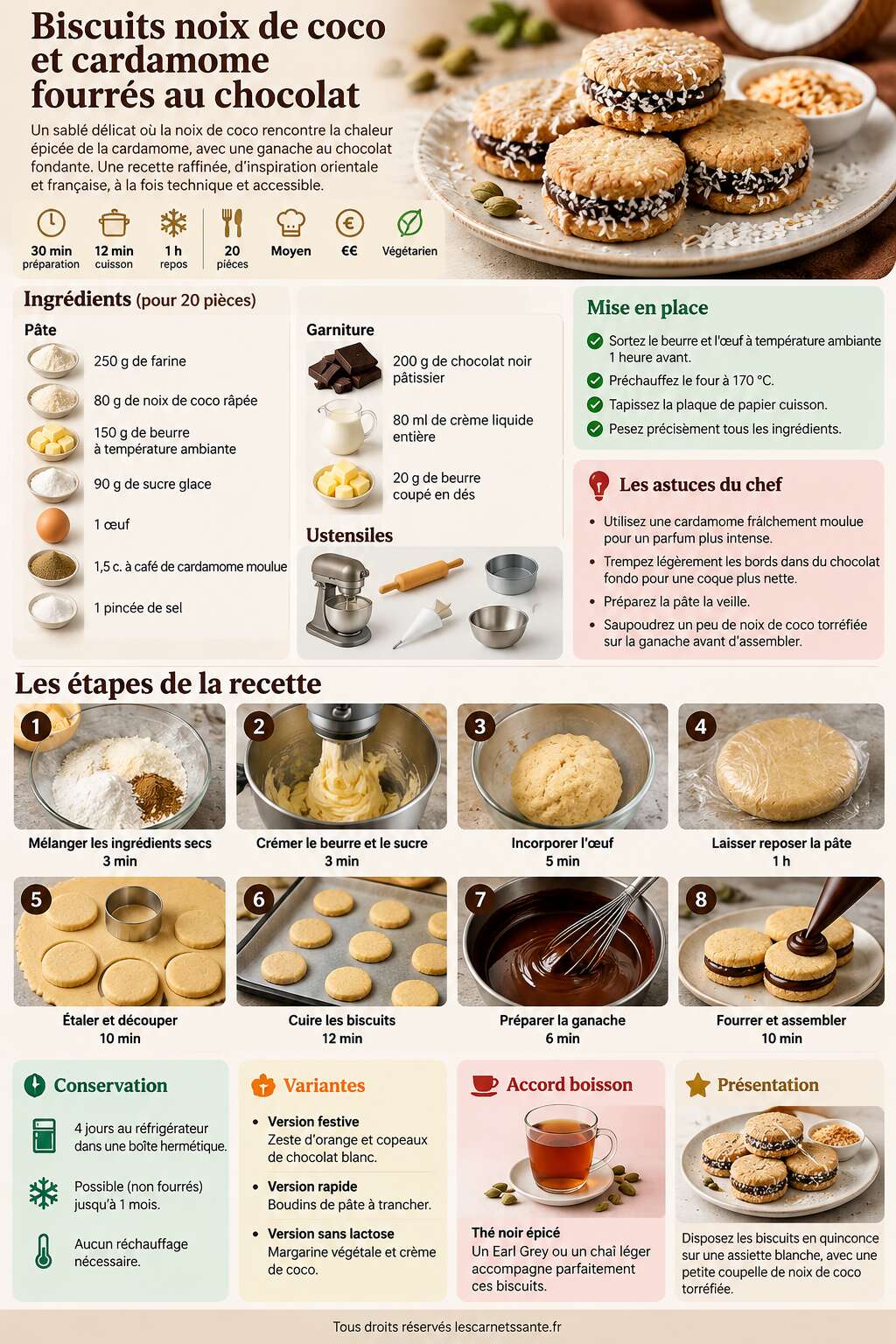 Fiche recette Recette de biscuits noix de coco et cardamome fourrés au chocolat Fiche recette Recette de biscuits noix de coco et cardamome fourrés au chocolat