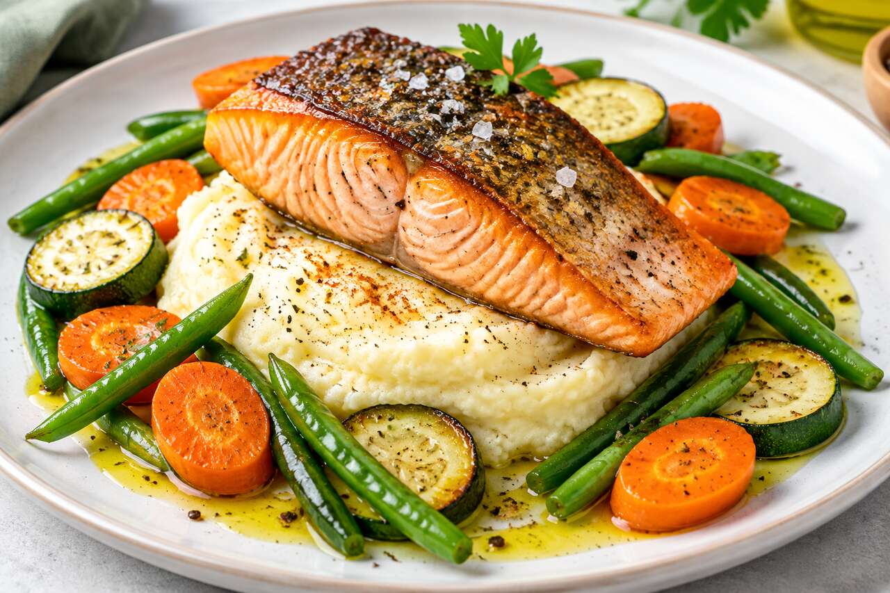 Recette de pavé de saumon aux légumes et purée de pomme de terre