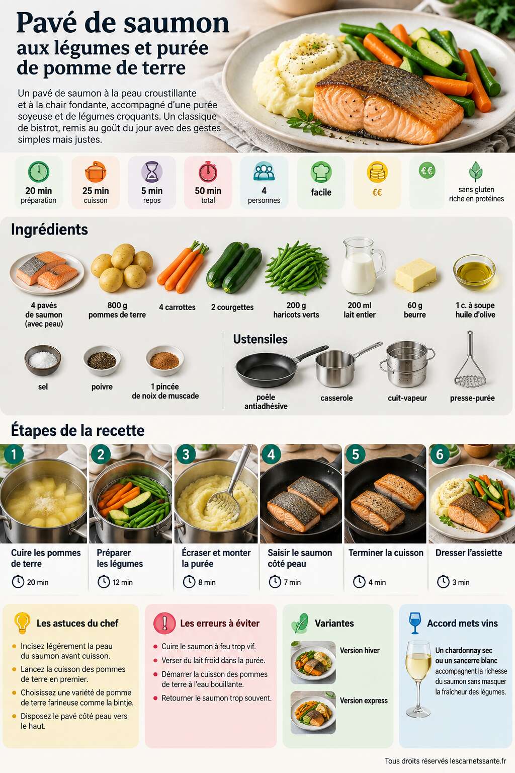 Fiche recette Recette de pavé de saumon aux légumes et purée de pomme de terre Fiche recette Recette de pavé de saumon aux légumes et purée de pomme de terre
