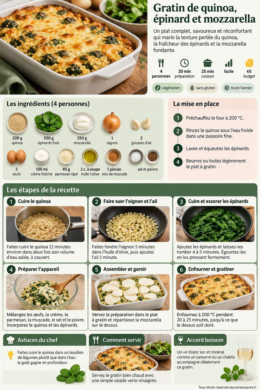 Fiche recette Recette du gratin de quinoa, épinard et mozzarella Fiche recette Recette du gratin de quinoa, épinard et mozzarella