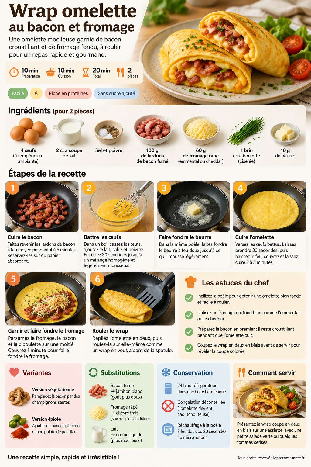 Fiche recette Recette du wrap omelette au bacon et fromage Fiche recette Recette du wrap omelette au bacon et fromage