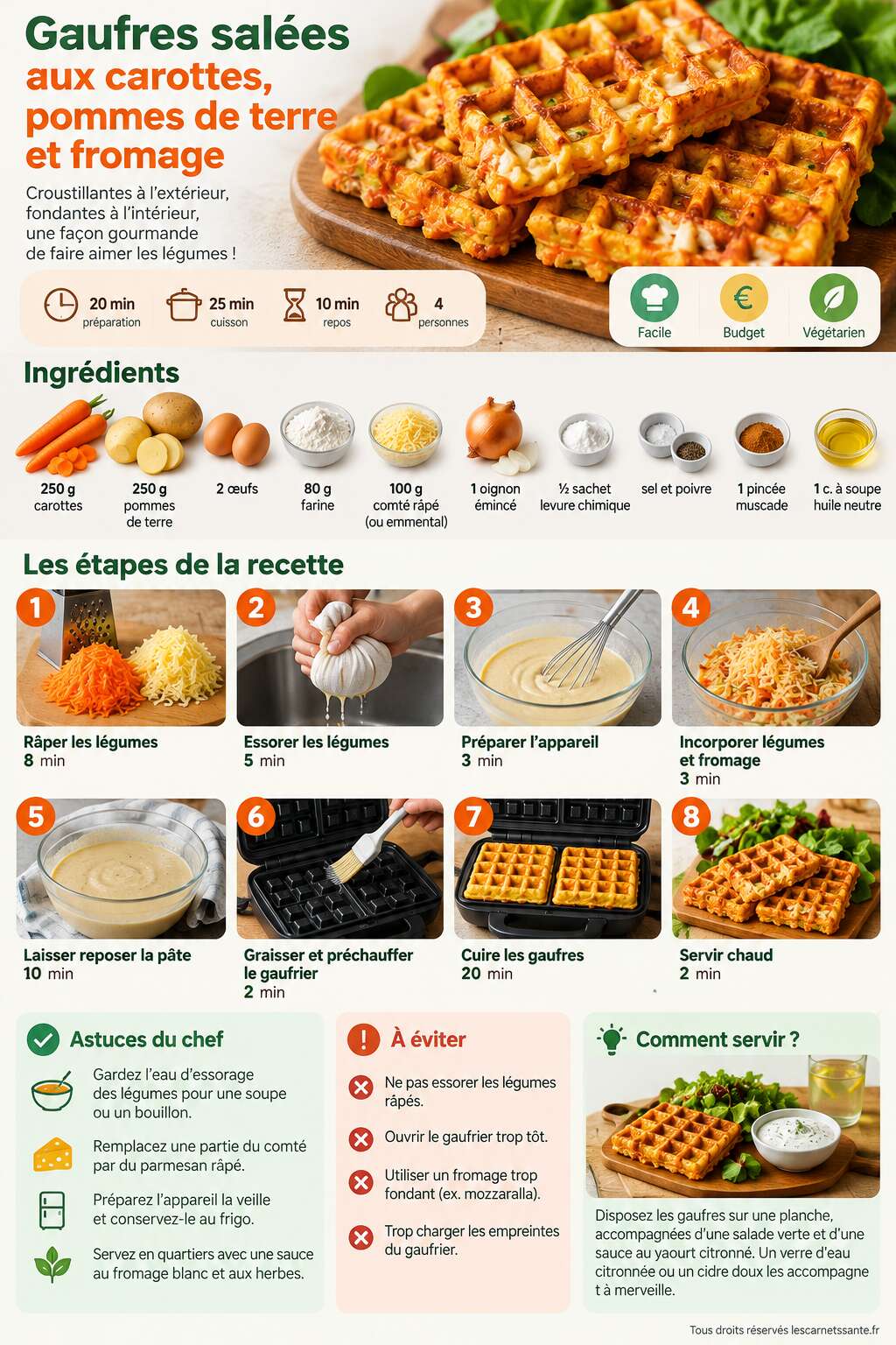 Fiche recette Recette de gaufres aux carottes, pommes de terre et fromage Fiche recette Recette de gaufres aux carottes, pommes de terre et fromage
