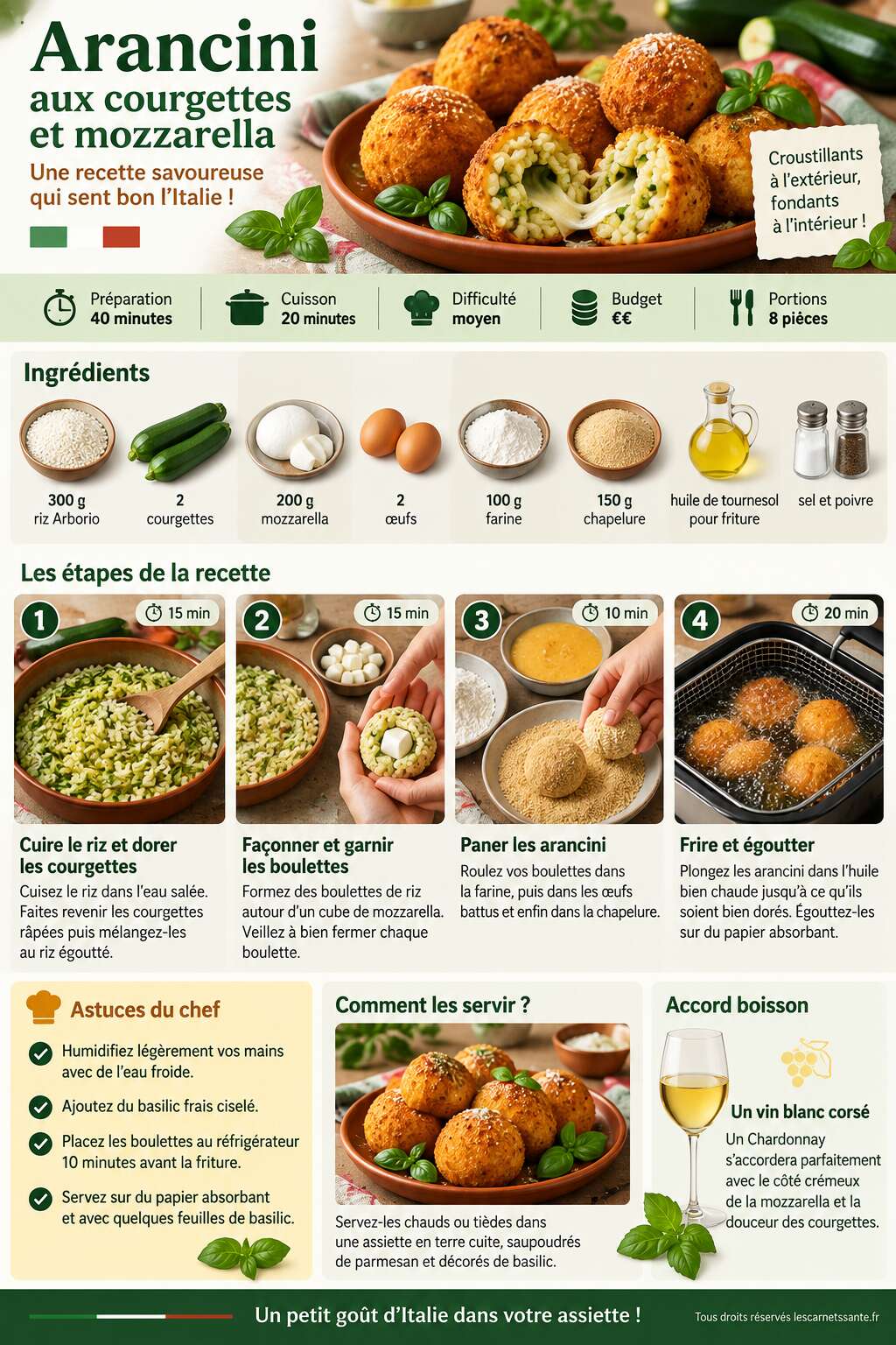 Fiche recette Arancini aux courgettes et mozzarella : recette savoureuse