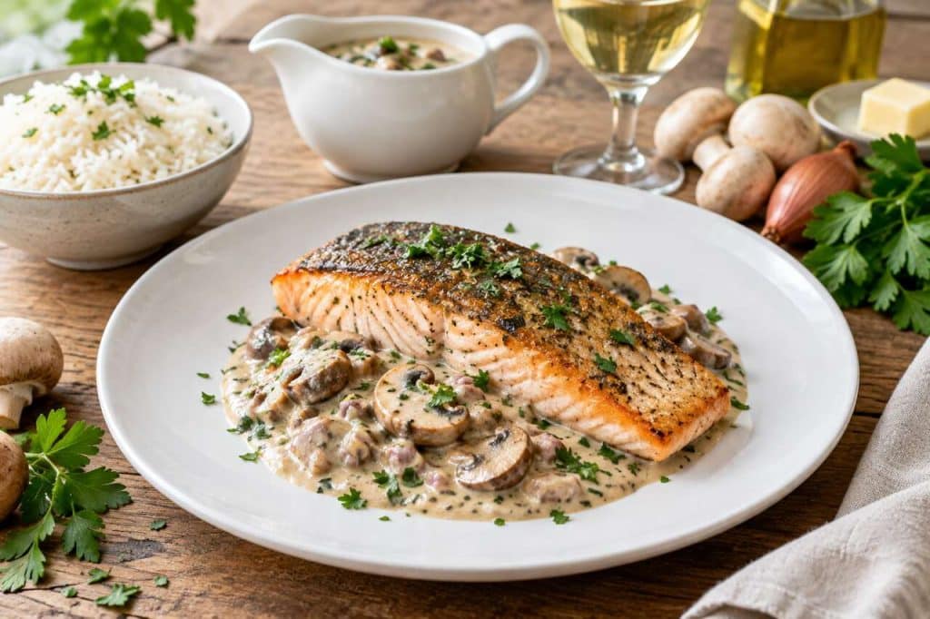 Recette de pavé de saumon à la crème de champignons