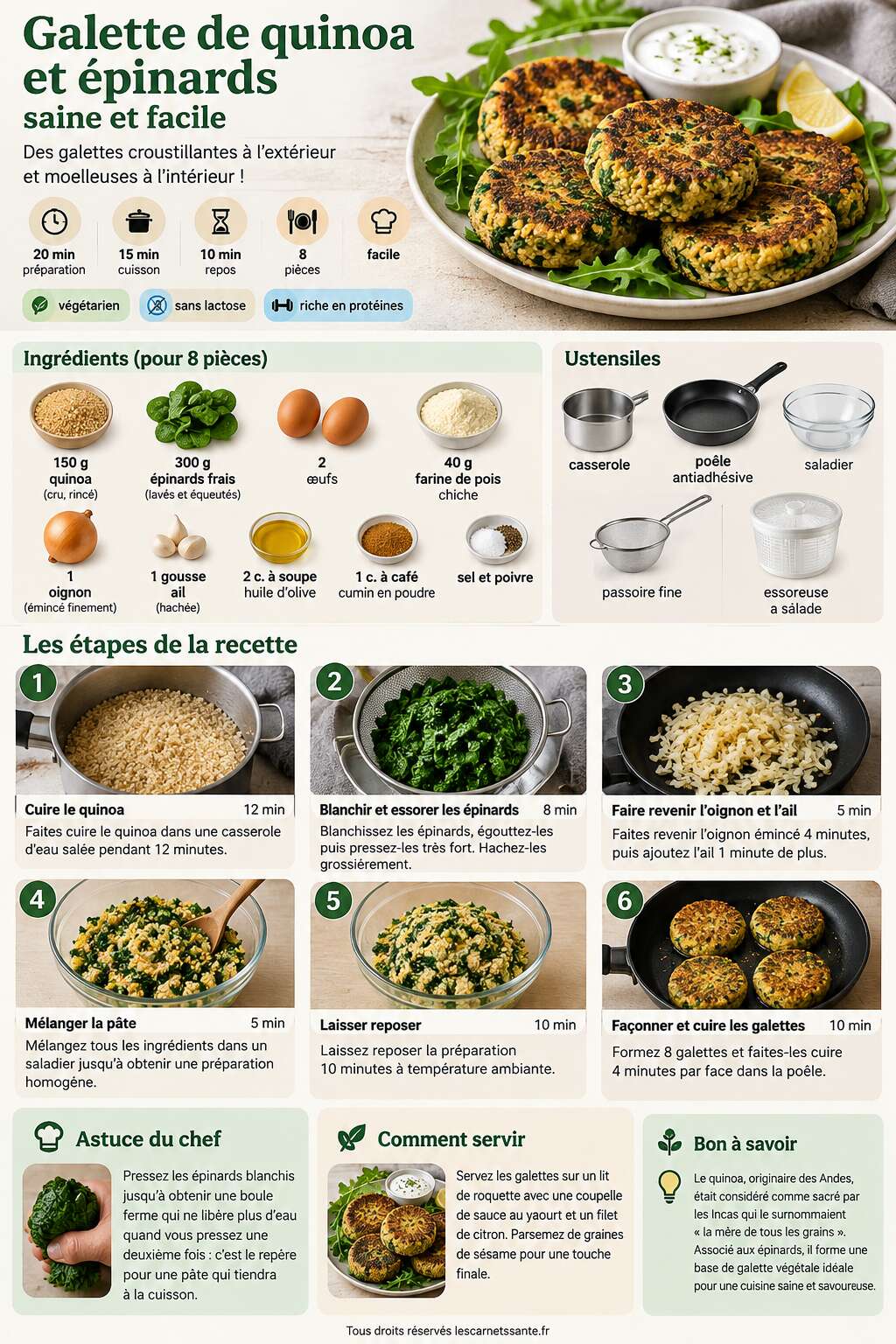 Fiche recette Recette de galette au quinoa et épinards saine et facile Fiche recette Recette de galette au quinoa et épinards saine et facile