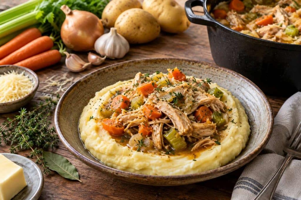 Recette de poulet effiloché aux légumes et purée au fromage