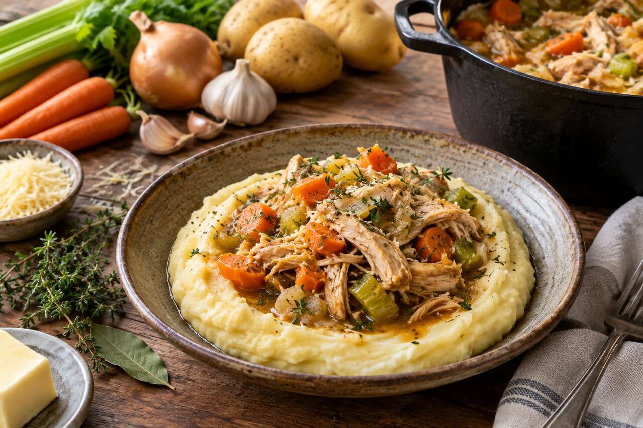 Recette de poulet effiloché aux légumes et purée au fromage