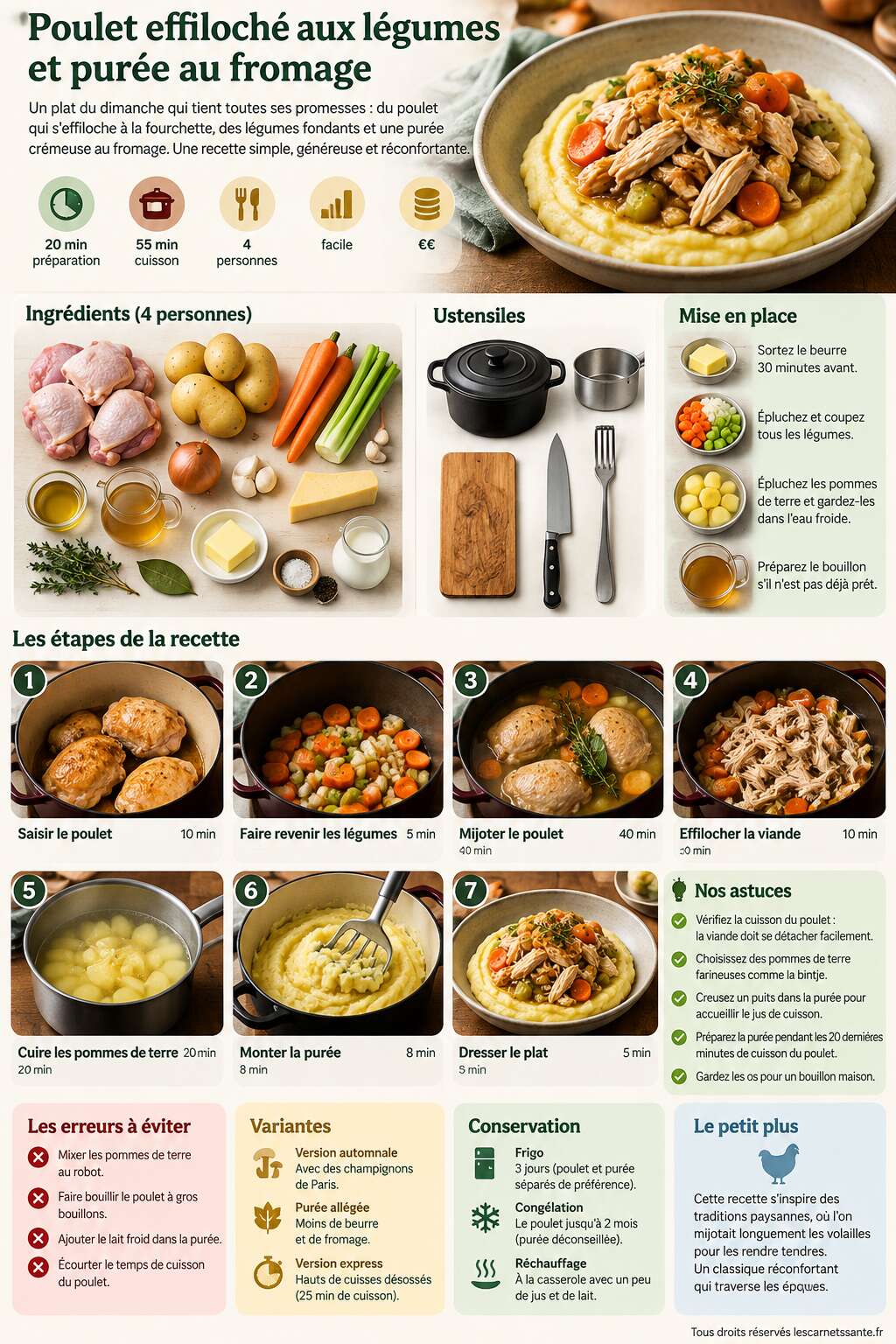 Fiche recette Recette de poulet effiloché aux légumes et purée au fromage Fiche recette Recette de poulet effiloché aux légumes et purée au fromage