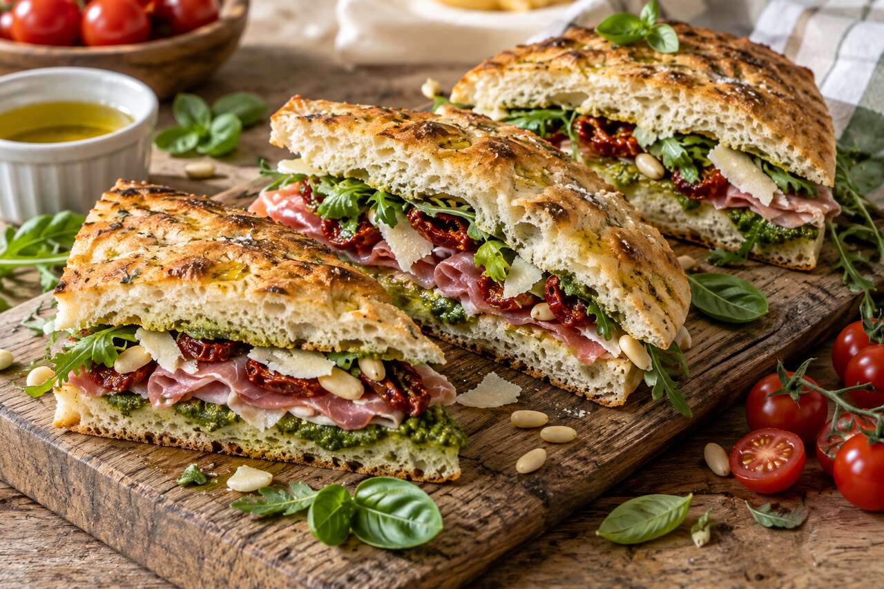 Recette du sandwich focaccia au jambon sec et pesto