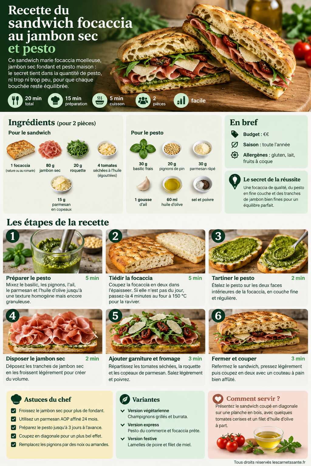 Fiche recette Recette du sandwich focaccia au jambon sec et pesto Fiche recette Recette du sandwich focaccia au jambon sec et pesto