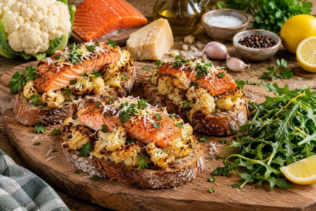 Recette de tartine au chou-fleur, parmesan et saumon