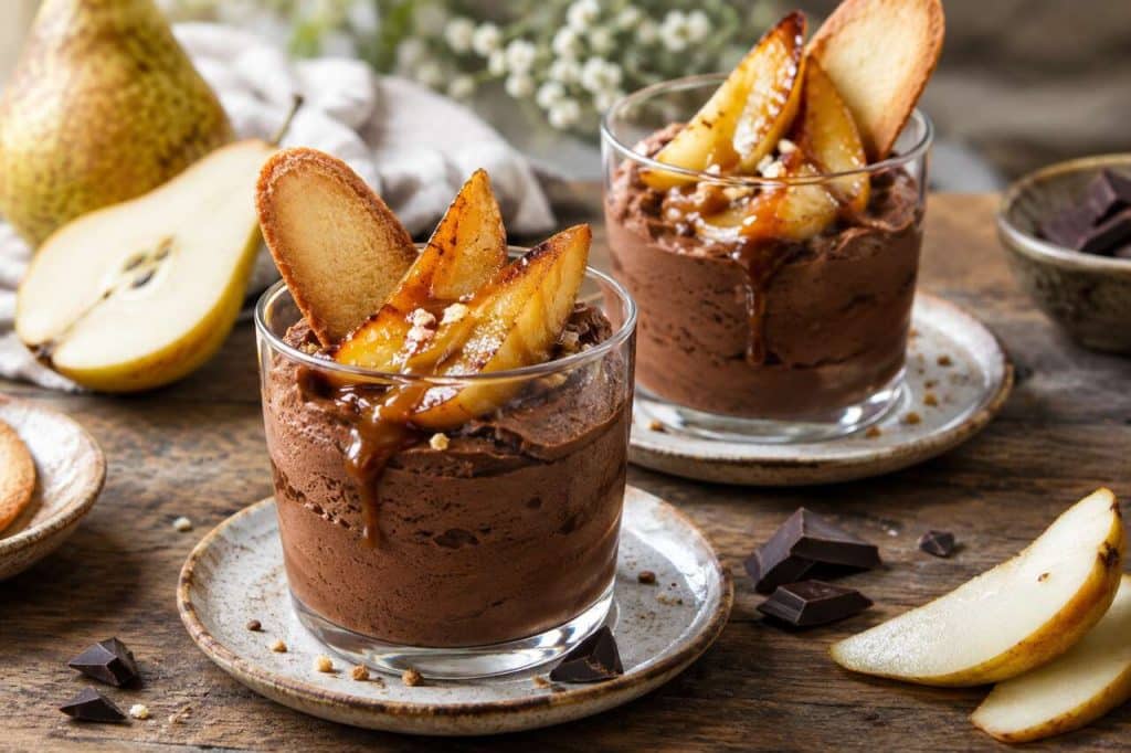 Recette de mousse au chocolat maison et poire caramélisée