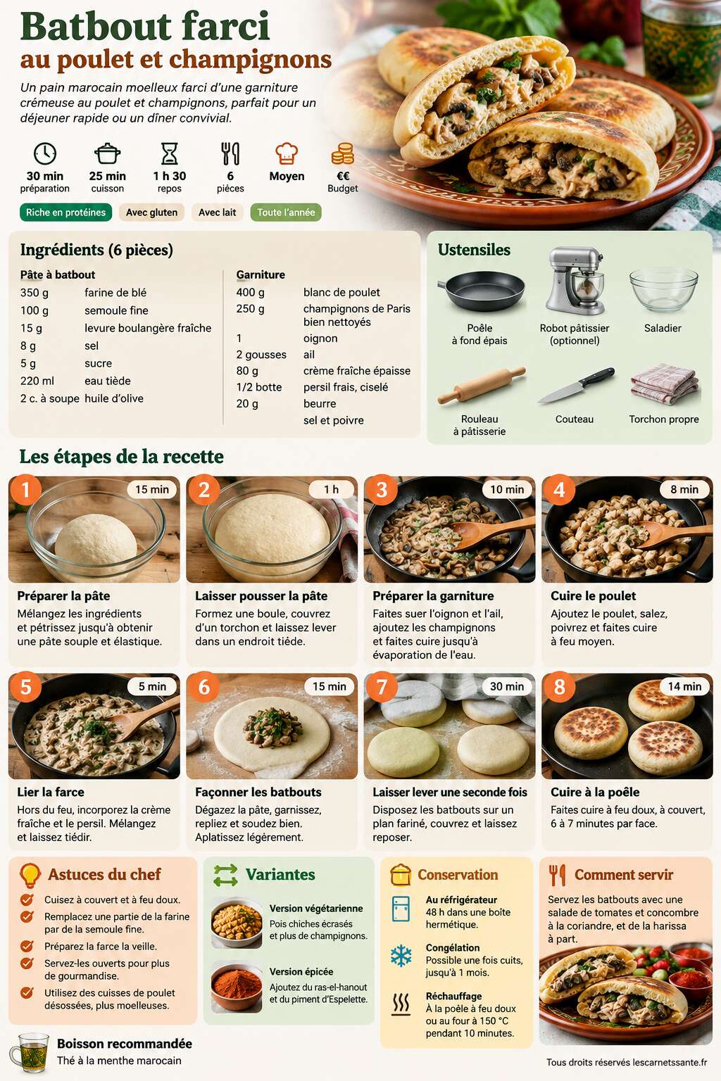 Fiche recette Recette de batbout farci au poulet et champignons Fiche recette Recette de batbout farci au poulet et champignons